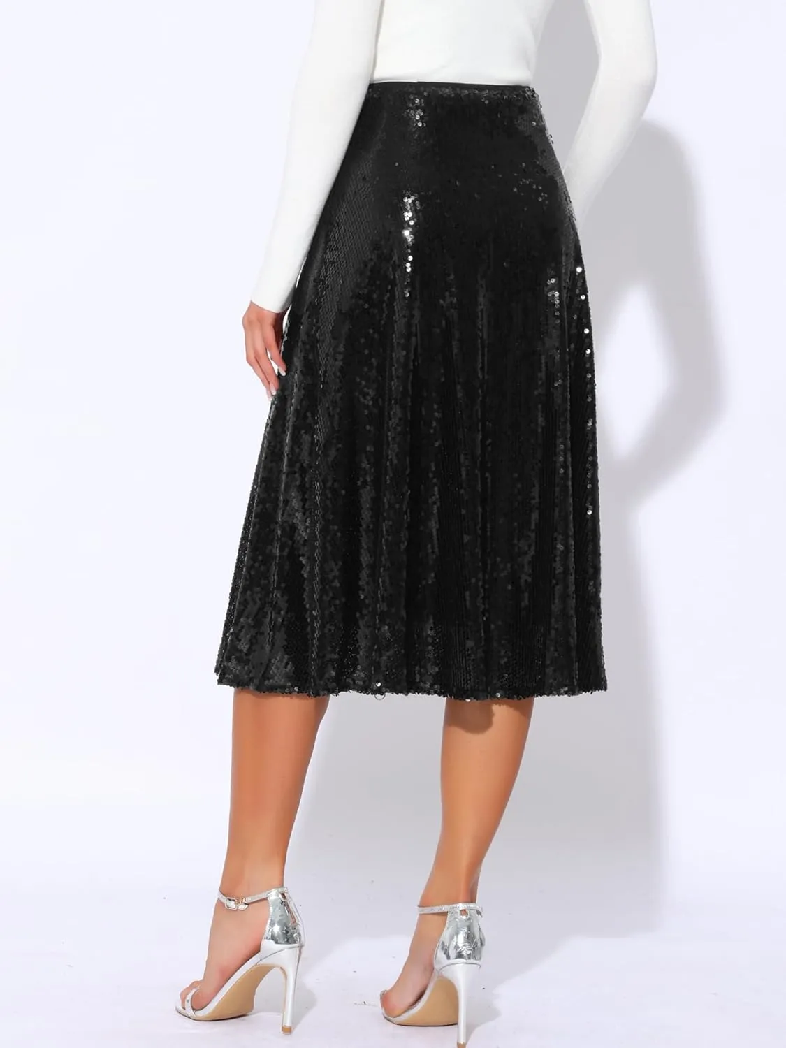 Allegra K Women's Sequin Midi Skirt Sparkly Glitter 2024 Cocktail Party Flare Skirts