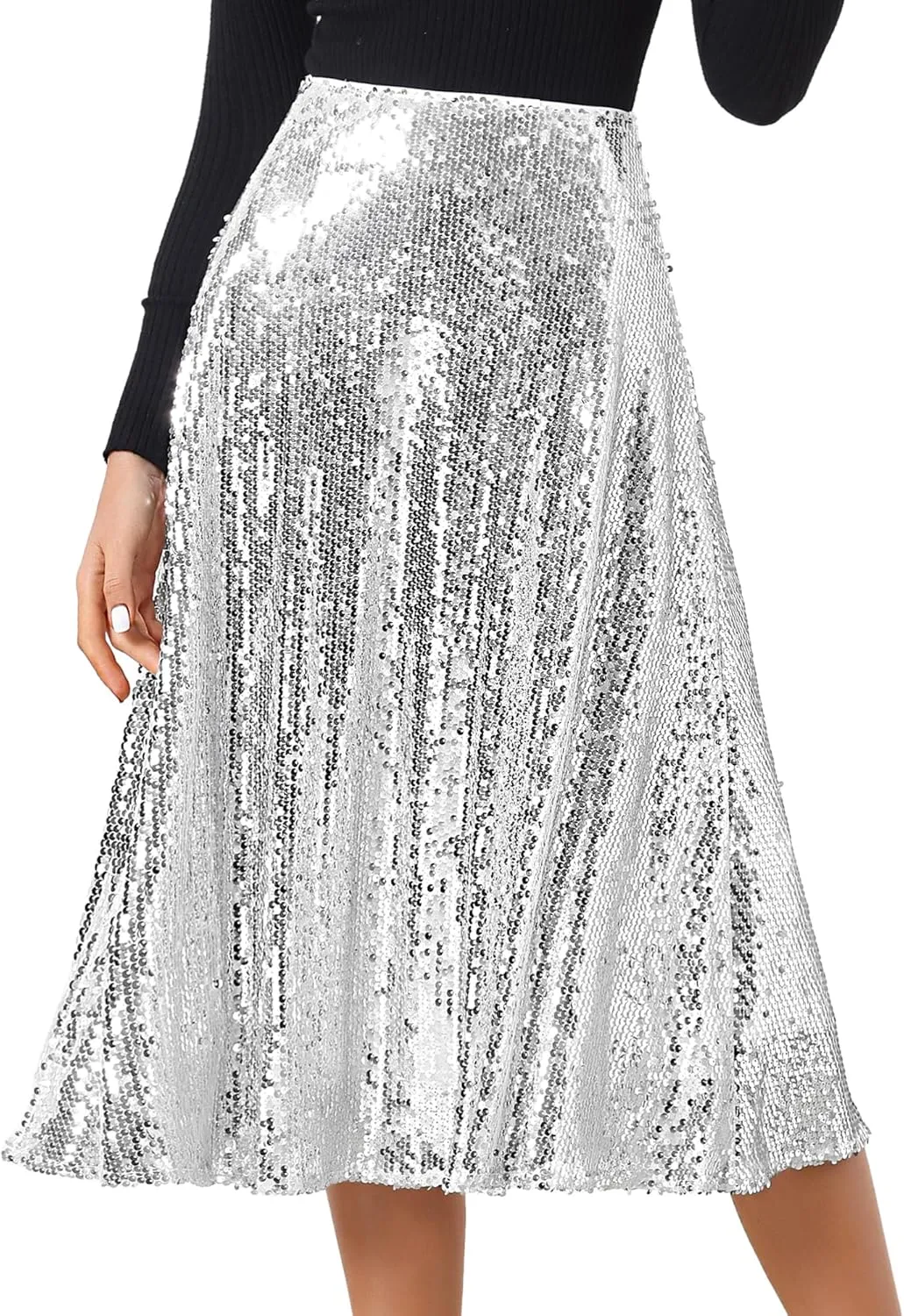 Allegra K Women's Sequin Midi Skirt Sparkly Glitter 2024 Cocktail Party Flare Skirts