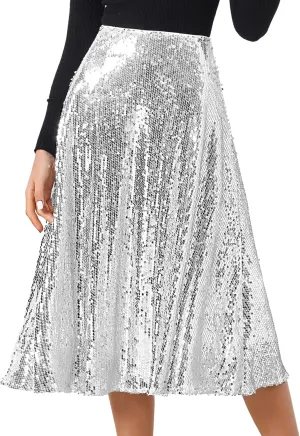 Allegra K Women's Sequin Midi Skirt Sparkly Glitter 2024 Cocktail Party Flare Skirts