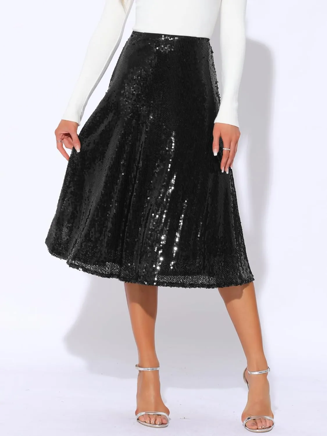 Allegra K Women's Sequin Midi Skirt Sparkly Glitter 2024 Cocktail Party Flare Skirts