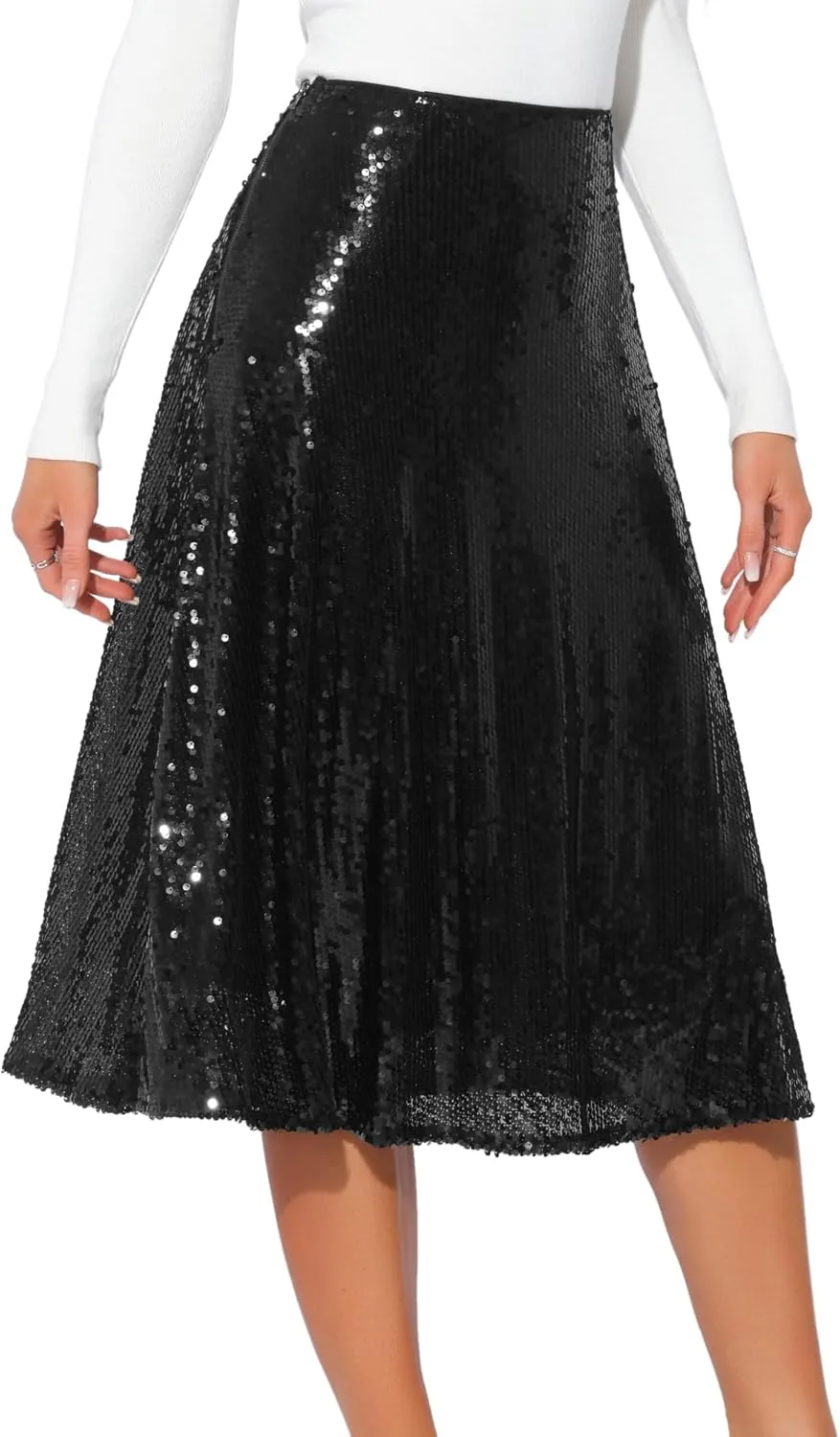 Allegra K Women's Sequin Midi Skirt Sparkly Glitter 2024 Cocktail Party Flare Skirts