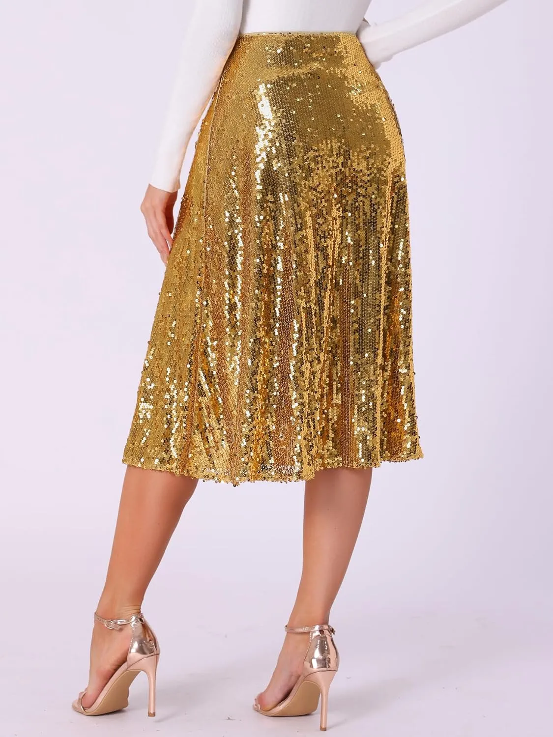 Allegra K Women's Sequin Midi Skirt Sparkly Glitter 2024 Cocktail Party Flare Skirts