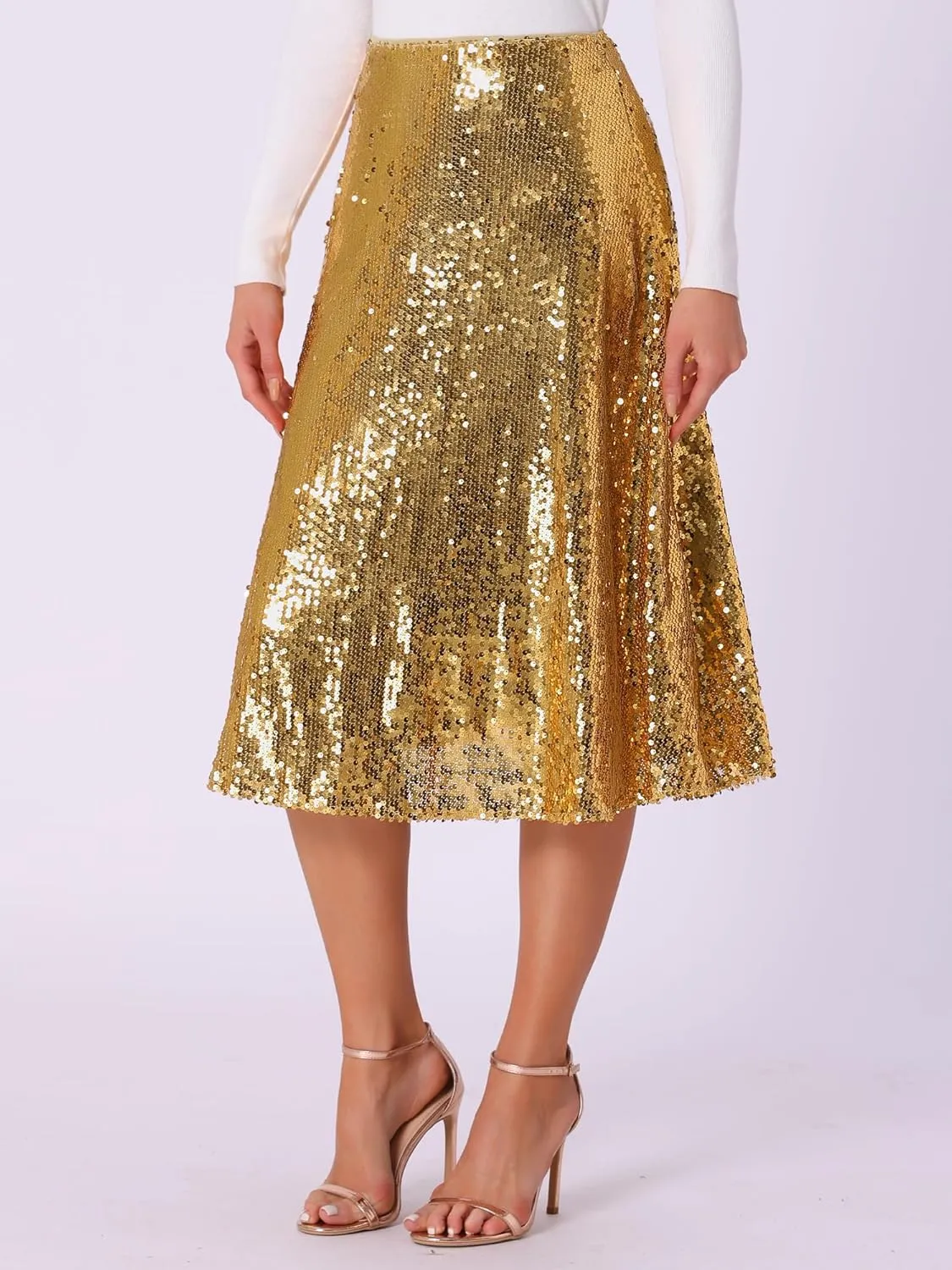 Allegra K Women's Sequin Midi Skirt Sparkly Glitter 2024 Cocktail Party Flare Skirts