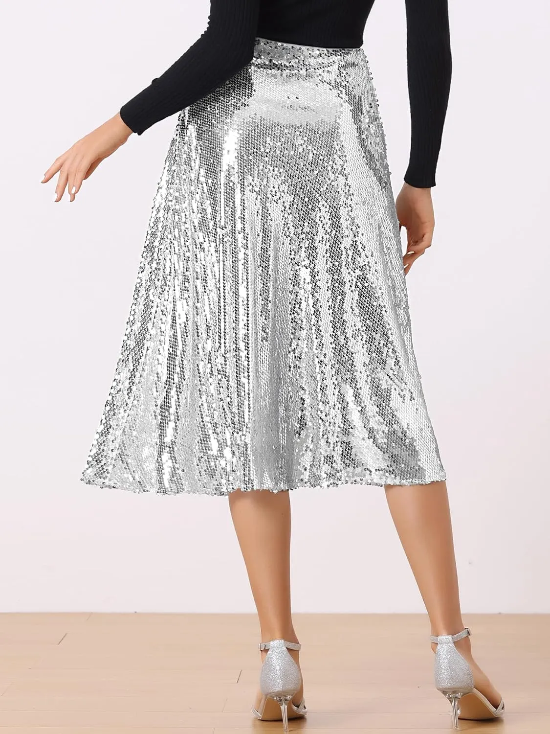 Allegra K Women's Sequin Midi Skirt Sparkly Glitter 2024 Cocktail Party Flare Skirts