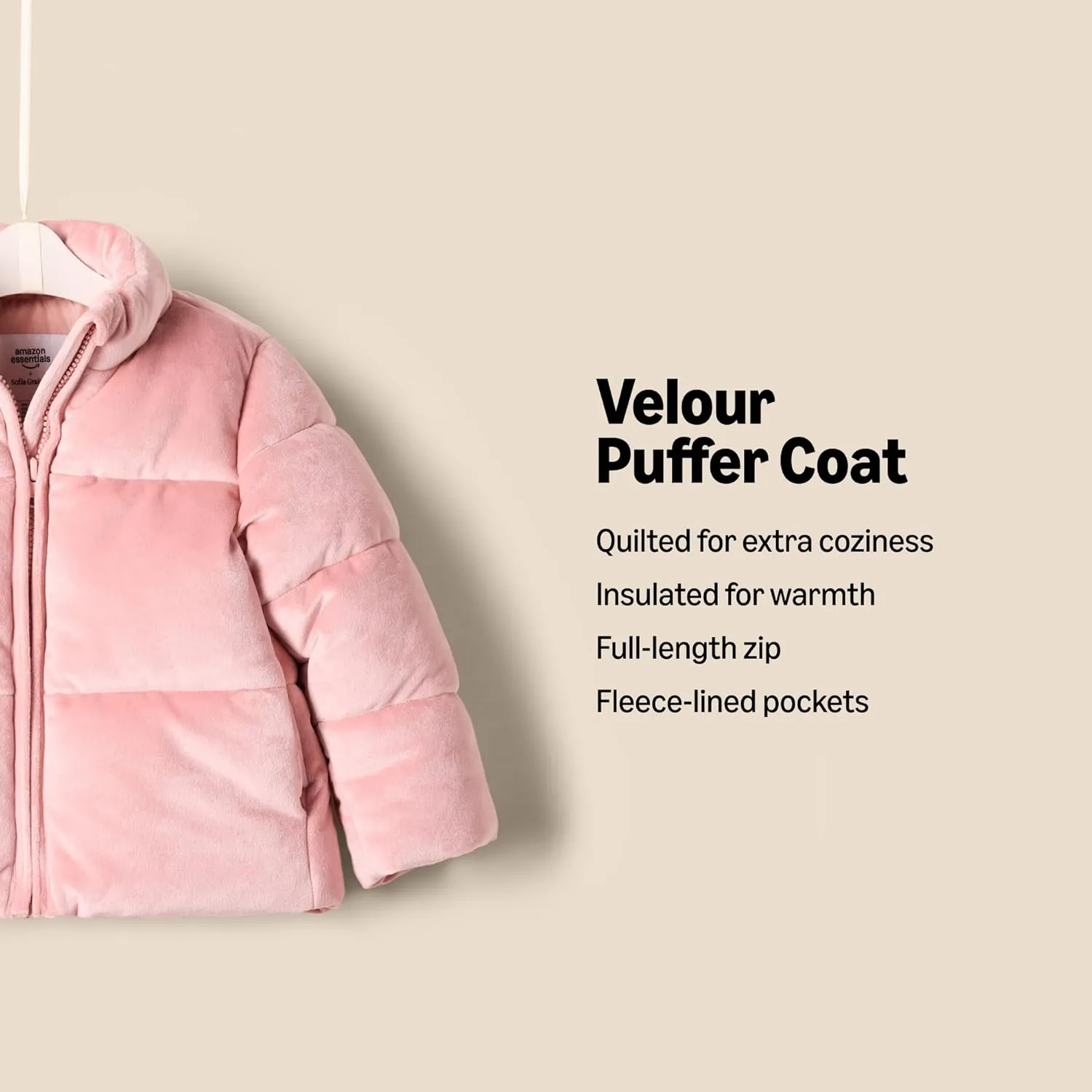 Amazon Essentials x Sofia Grainge Toddlers and Baby Girls' Velour Puffer Jacket