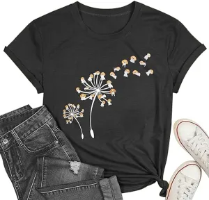 Anbech Womens Dandelion Graphic T-Shirts Teen Girls Cute Sunflower Print Casual Tee Tops