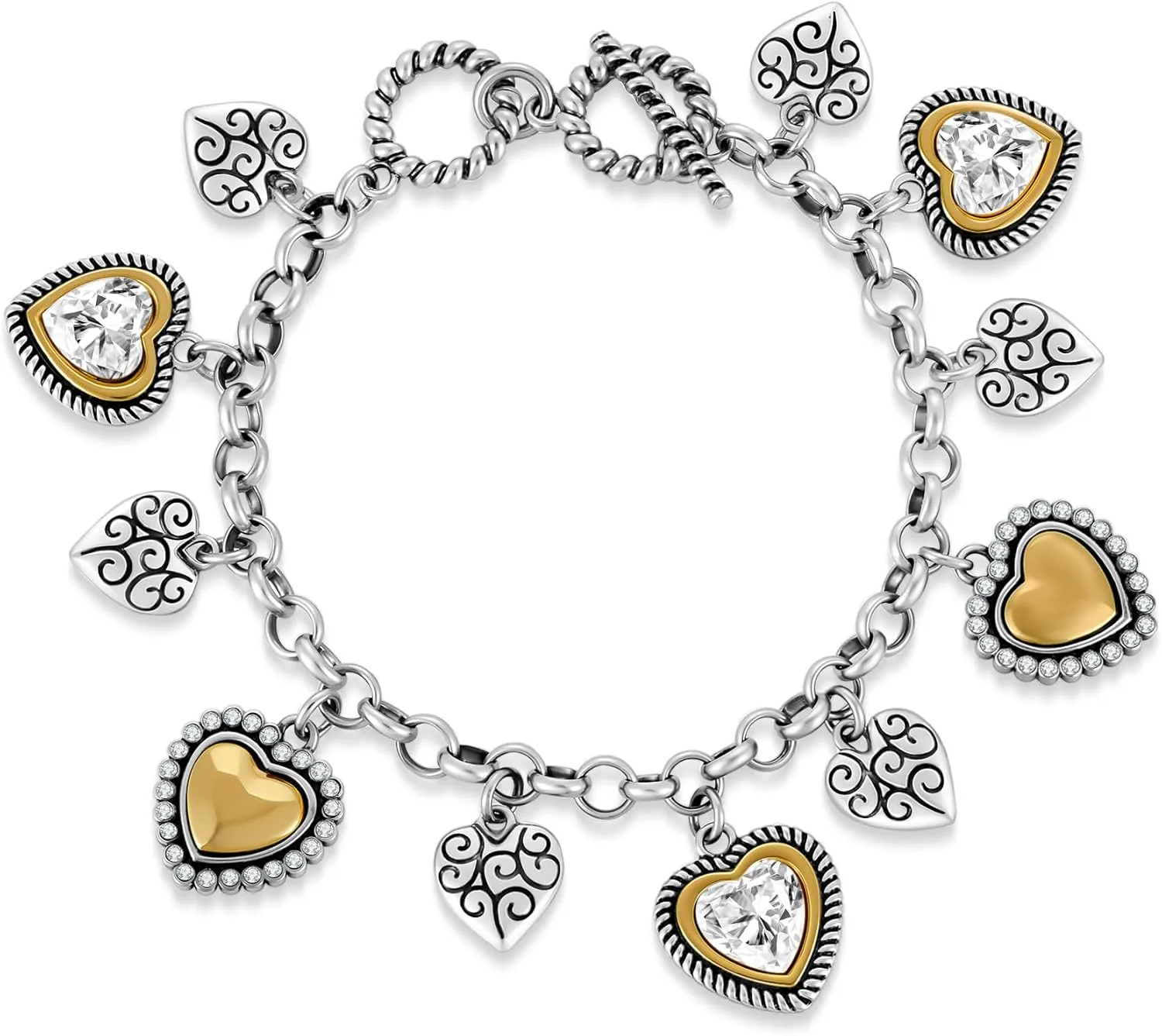 Antique Gold Heart Bracelets for Women With Eleven Textured Puffy Heart Charms Bracelets Boho Bracelet Trendy Gold And Silver Bracelet link Chain Bracelet Fashion Two Tone Jewelry Gift
