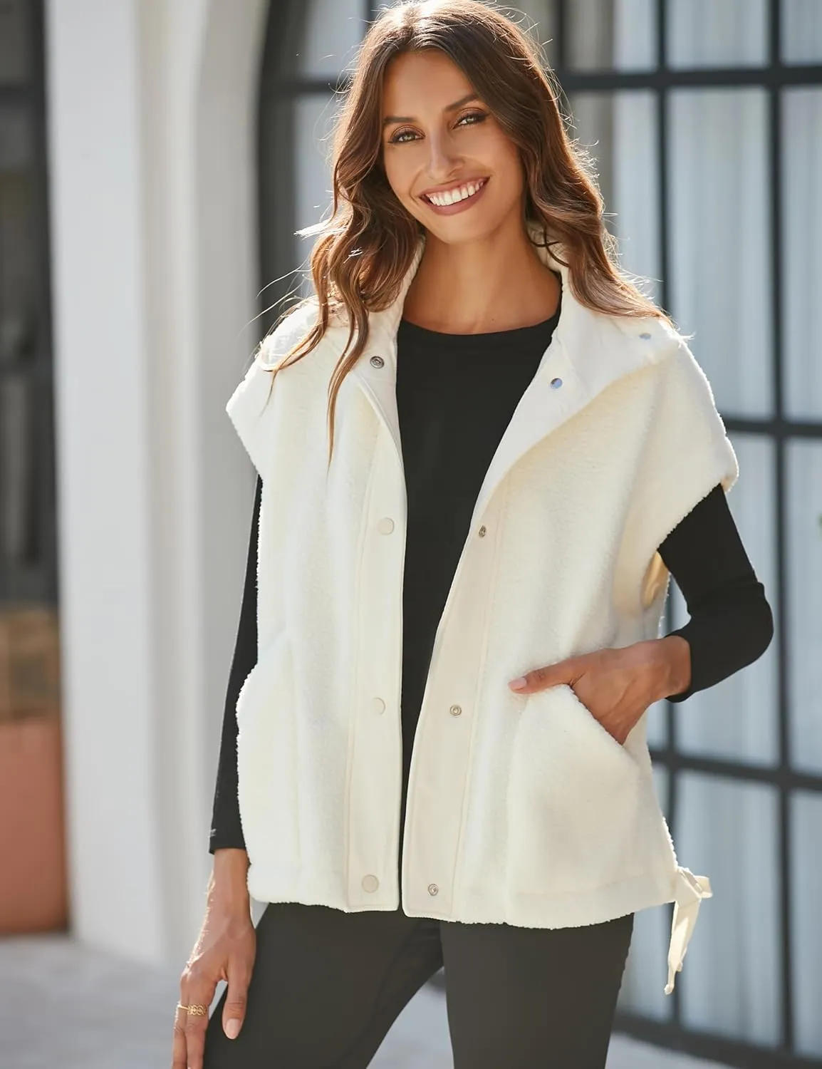 APAFES Women Oversized Fleece Vest Winter Warm Stand Collar Flysleeve Fuzzy Jackets Outerwear Coat with Pockets