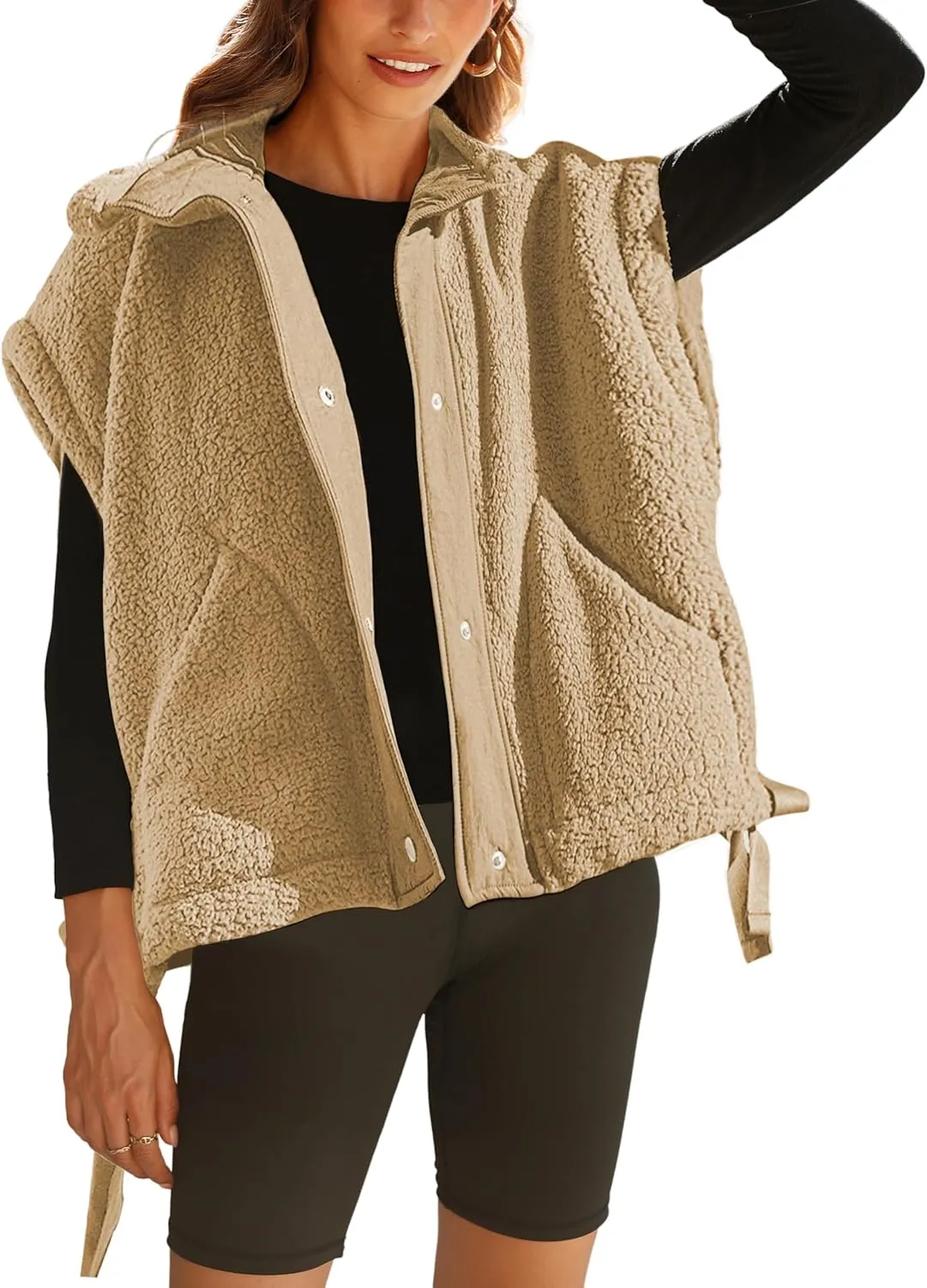 APAFES Women Oversized Fleece Vest Winter Warm Stand Collar Flysleeve Fuzzy Jackets Outerwear Coat with Pockets