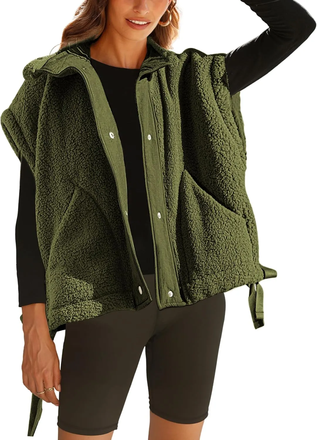 APAFES Women Oversized Fleece Vest Winter Warm Stand Collar Flysleeve Fuzzy Jackets Outerwear Coat with Pockets