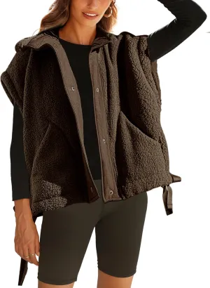 APAFES Women Oversized Fleece Vest Winter Warm Stand Collar Flysleeve Fuzzy Jackets Outerwear Coat with Pockets