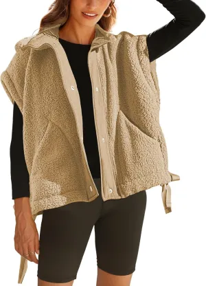 APAFES Women Oversized Fleece Vest Winter Warm Stand Collar Flysleeve Fuzzy Jackets Outerwear Coat with Pockets