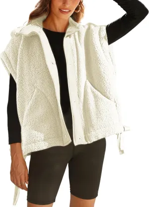 APAFES Women Oversized Fleece Vest Winter Warm Stand Collar Flysleeve Fuzzy Jackets Outerwear Coat with Pockets