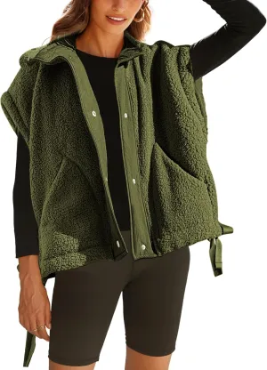 APAFES Women Oversized Fleece Vest Winter Warm Stand Collar Flysleeve Fuzzy Jackets Outerwear Coat with Pockets