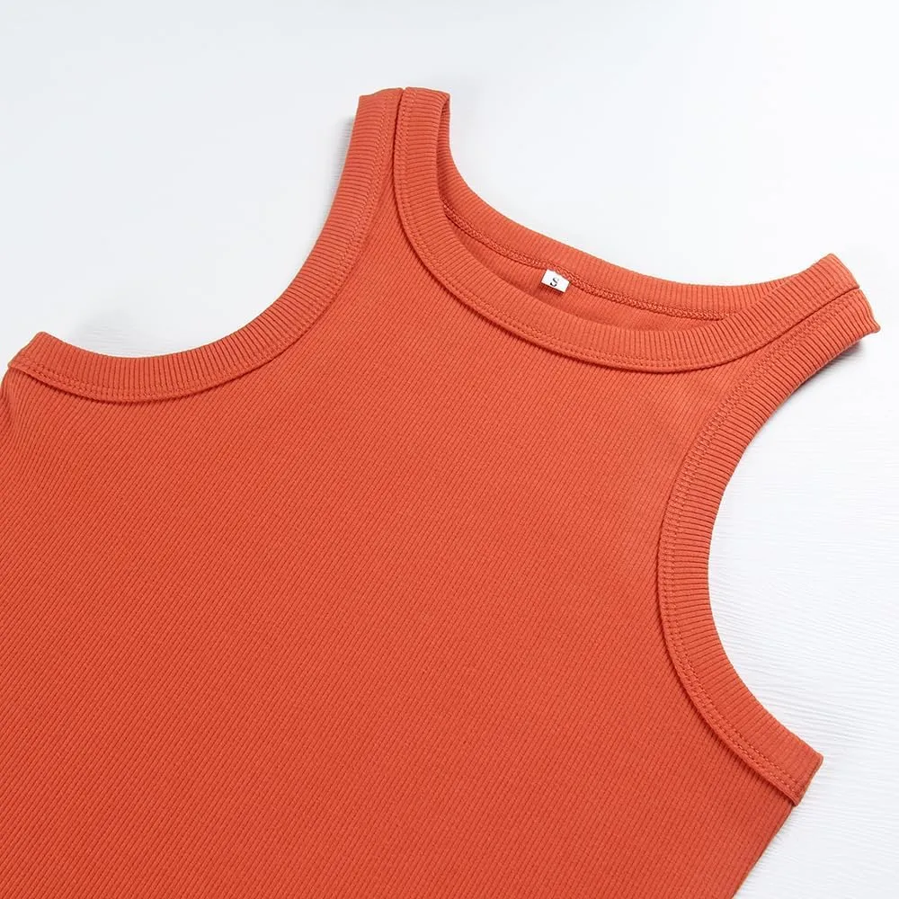 Artfish Women's Sleeveless Full Length Ribbed Fitted Racerback Workout Crew High Neck Basic Tank Top