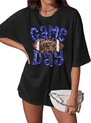 ASTANFY Game Day Shirts Oversized Tshirts: Football Shirts for Women Sequin Shirt Fall Graphic Tees Short Sleeve Tops