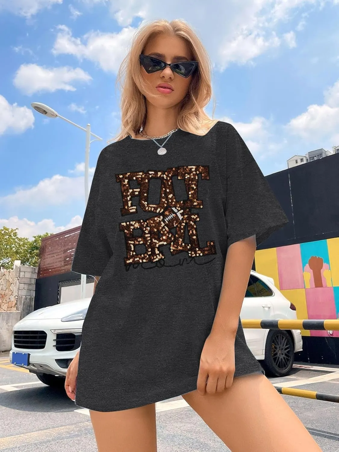 ASTANFY Game Day Shirts Oversized Tshirts: Football Shirts for Women Sequin Shirt Fall Graphic Tees Short Sleeve Tops