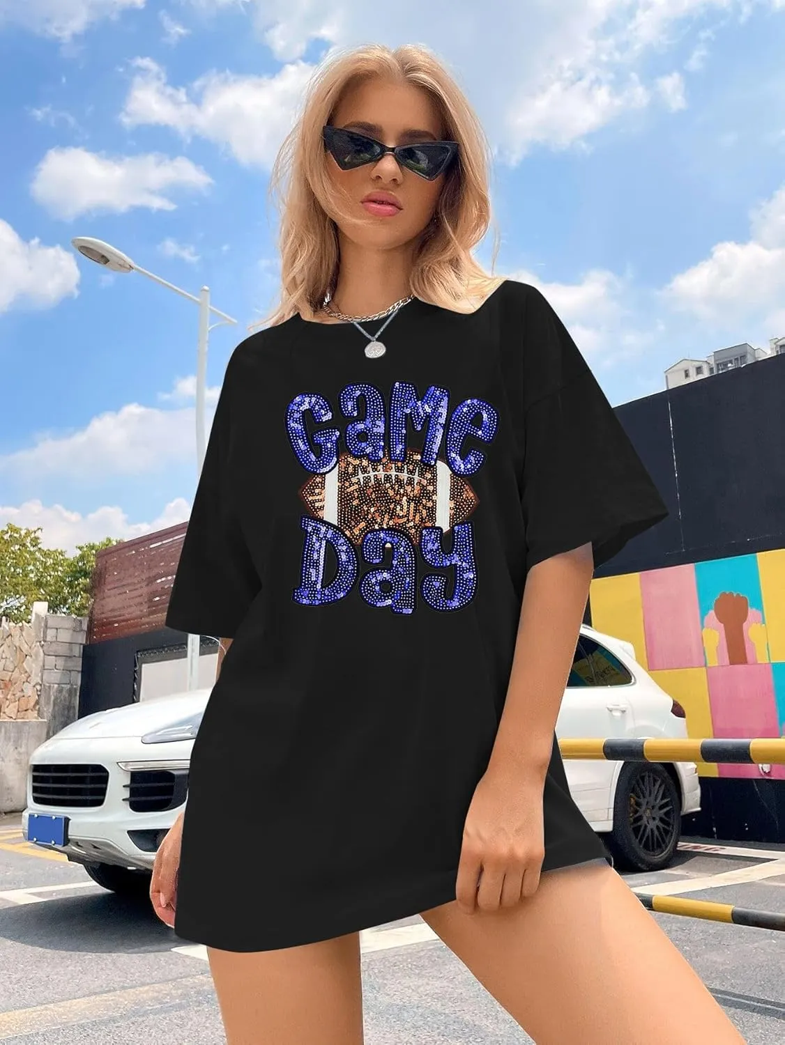 ASTANFY Game Day Shirts Oversized Tshirts: Football Shirts for Women Sequin Shirt Fall Graphic Tees Short Sleeve Tops
