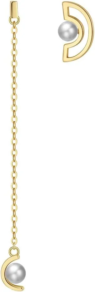 Asymmetric Natural Freshwater Pearl Chain Dangle Earrings and Geometric Semicircle Pearl Stud Earrings for Women 925 Sterling Silver18K Gold Plated Hanging Pearl Tassel threader Earrings