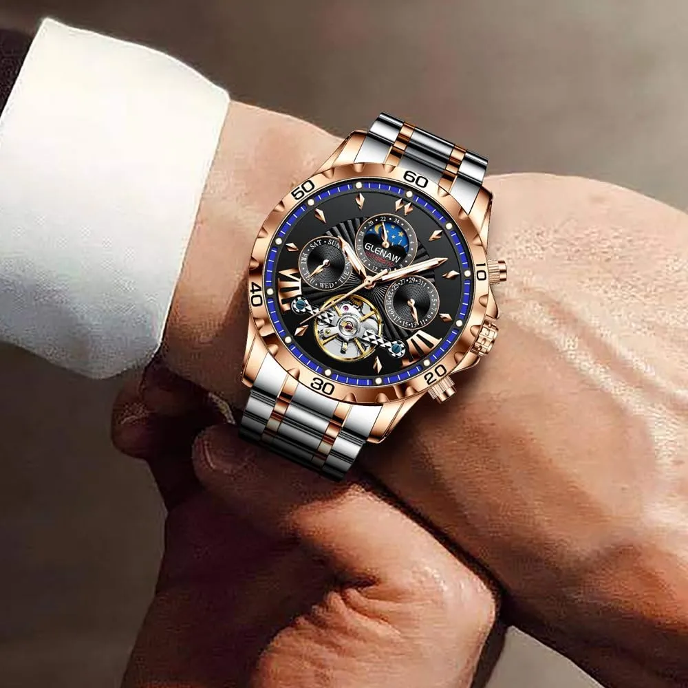 Automatic Watches for Men, Men's Mechanical Watch Multifunction 24 Hour Date Day Rotating Flywheel Waterproof Watches for Men