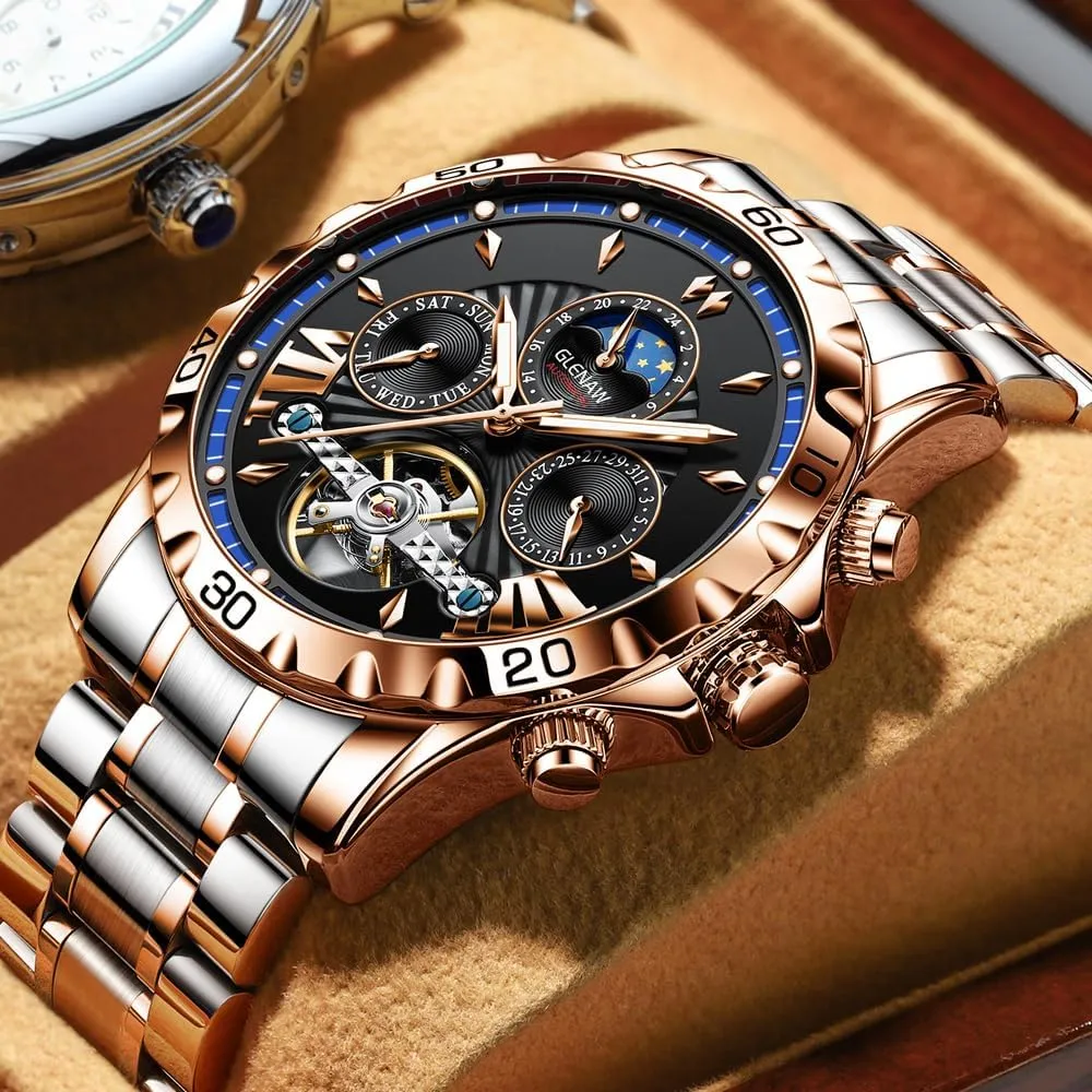 Automatic Watches for Men, Men's Mechanical Watch Multifunction 24 Hour Date Day Rotating Flywheel Waterproof Watches for Men