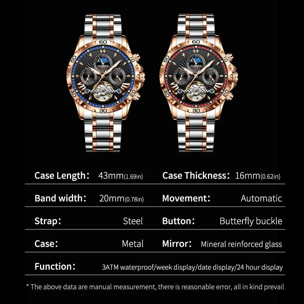 Automatic Watches for Men, Men's Mechanical Watch Multifunction 24 Hour Date Day Rotating Flywheel Waterproof Watches for Men