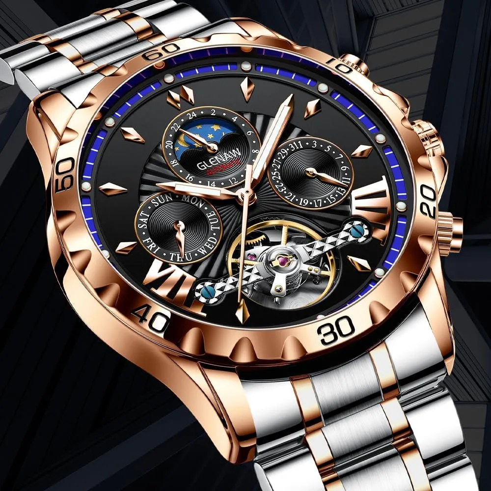 Automatic Watches for Men, Men's Mechanical Watch Multifunction 24 Hour Date Day Rotating Flywheel Waterproof Watches for Men