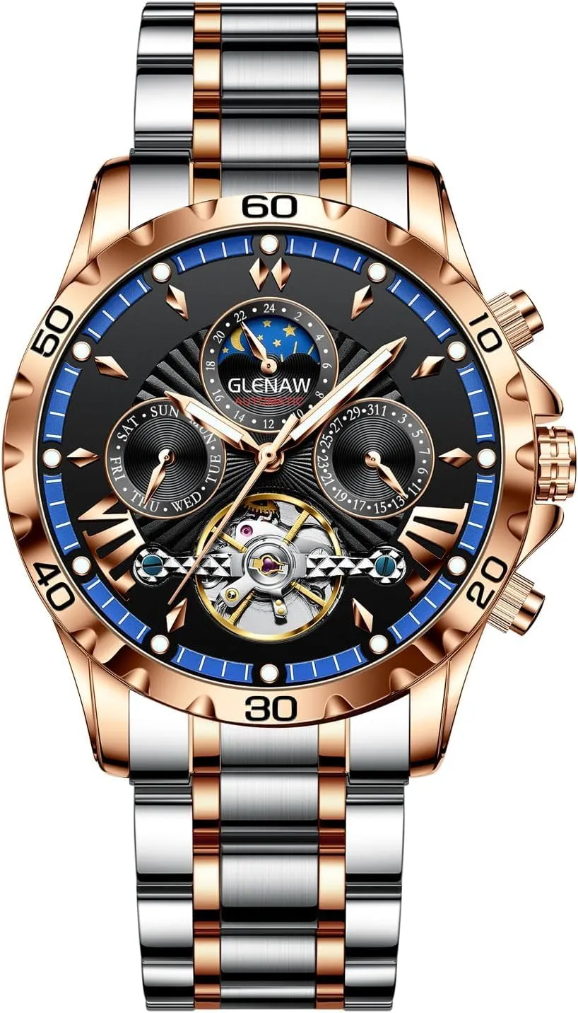 Automatic Watches for Men, Men's Mechanical Watch Multifunction 24 Hour Date Day Rotating Flywheel Waterproof Watches for Men