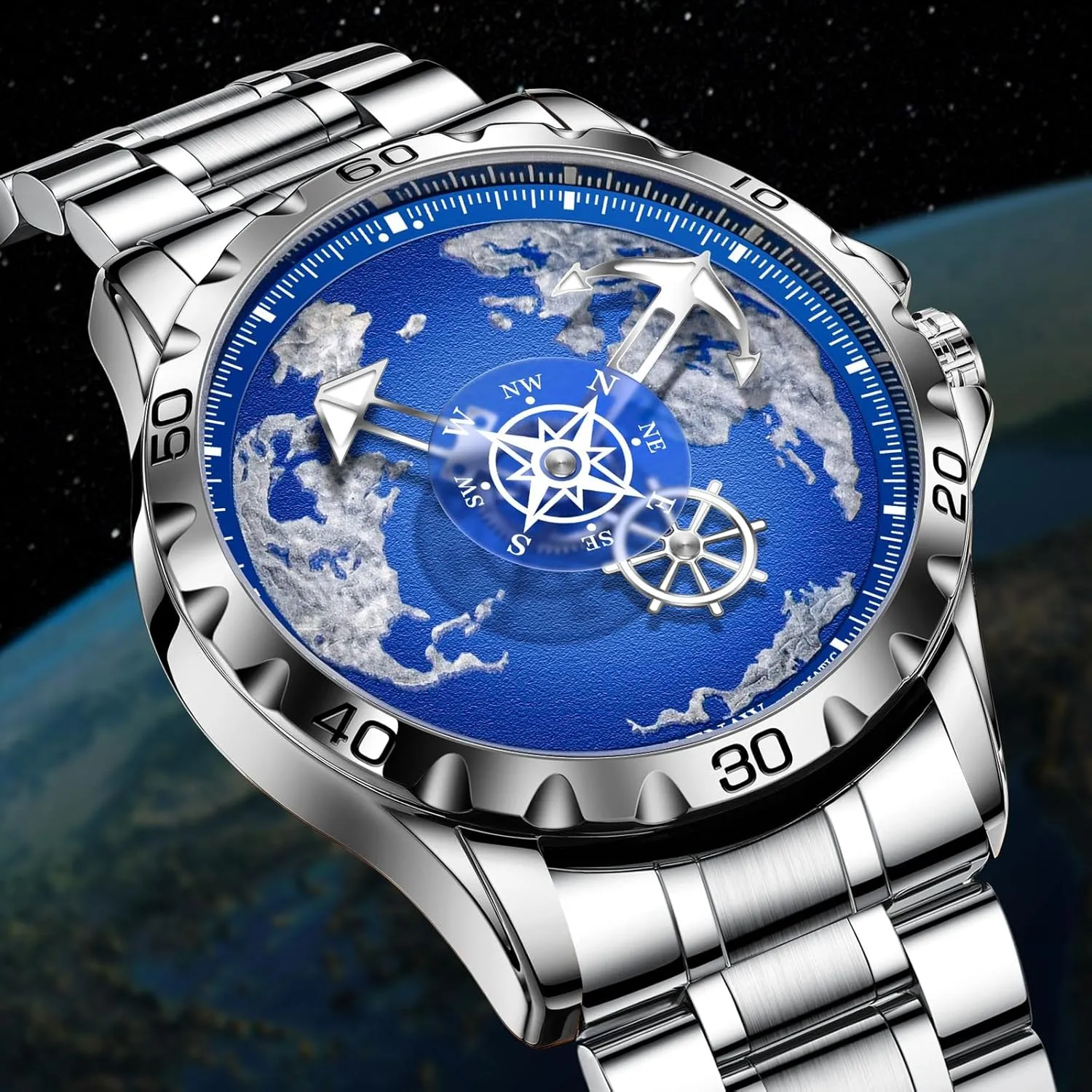 Automatic Watches for Men- Rotating Earth Dial, Men's Mechanical Watch Luminous Hands, 3ATM Waterproof Steel Strap Wrist Watches