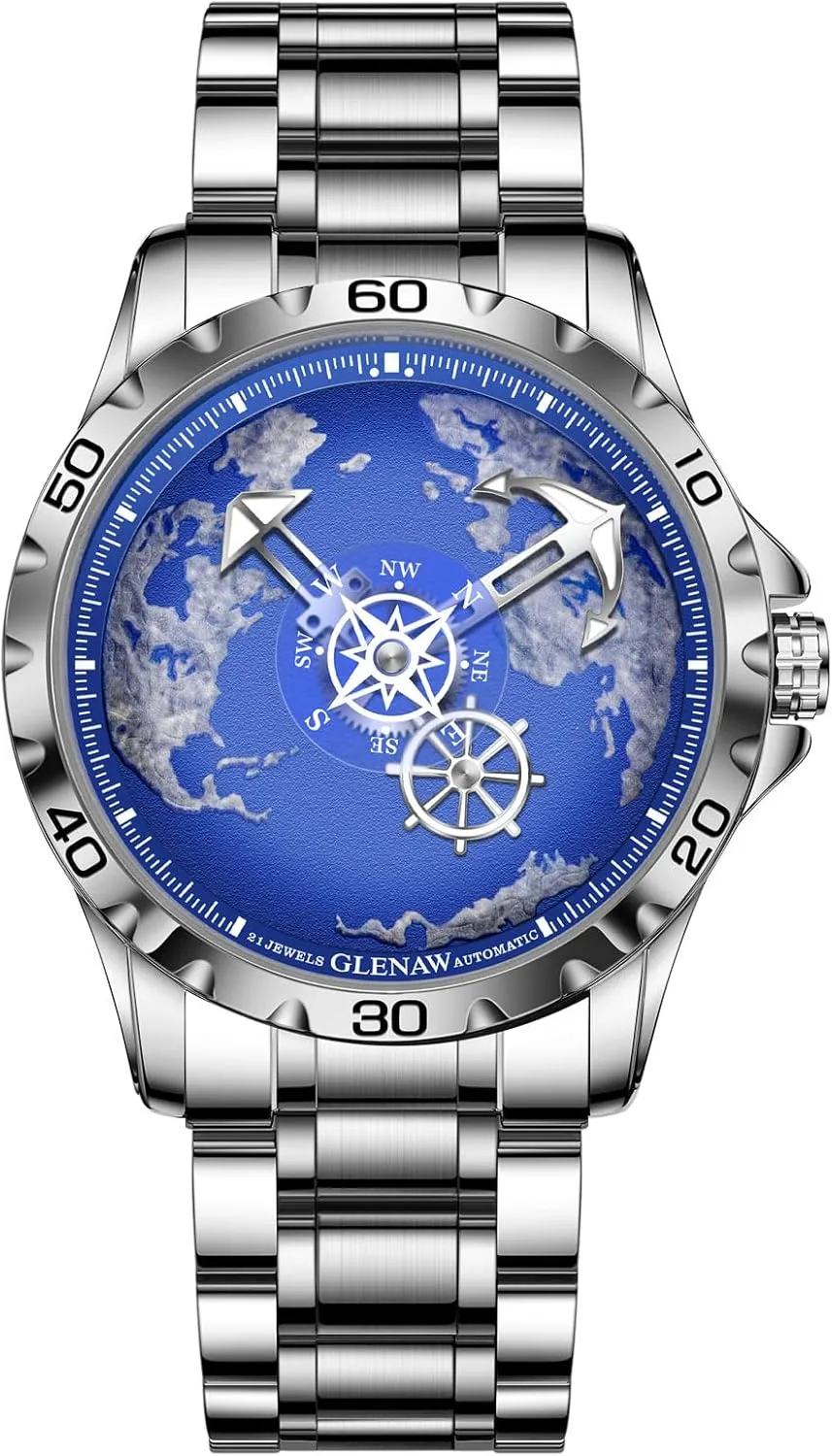 Automatic Watches for Men- Rotating Earth Dial, Men's Mechanical Watch Luminous Hands, 3ATM Waterproof Steel Strap Wrist Watches