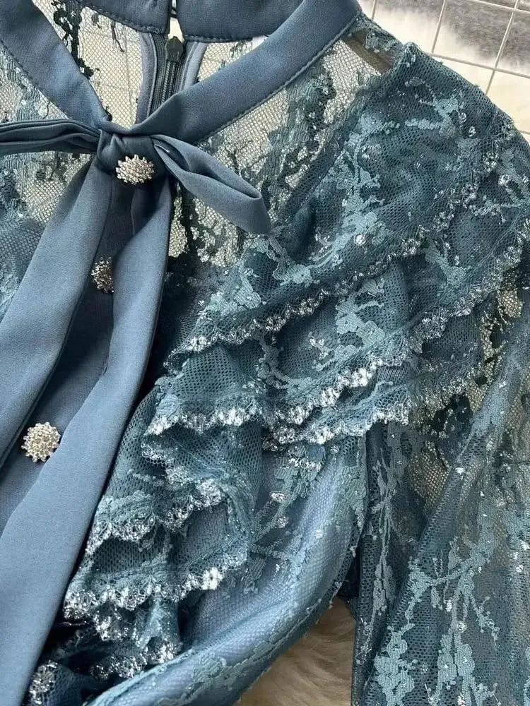 Autumn Bow Collar Embroidery Lace Spliced Dresses Women Vintage Long Sleeve Ruffles Mini Dresses