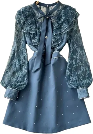 Autumn Bow Collar Embroidery Lace Spliced Dresses Women Vintage Long Sleeve Ruffles Mini Dresses