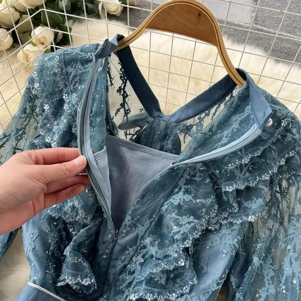 Autumn Bow Collar Embroidery Lace Spliced Dresses Women Vintage Long Sleeve Ruffles Mini Dresses