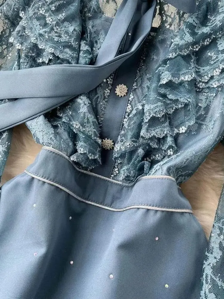 Autumn Bow Collar Embroidery Lace Spliced Dresses Women Vintage Long Sleeve Ruffles Mini Dresses