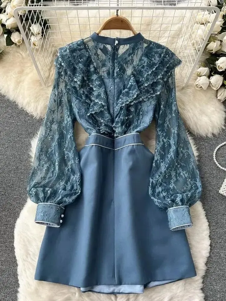 Autumn Bow Collar Embroidery Lace Spliced Dresses Women Vintage Long Sleeve Ruffles Mini Dresses