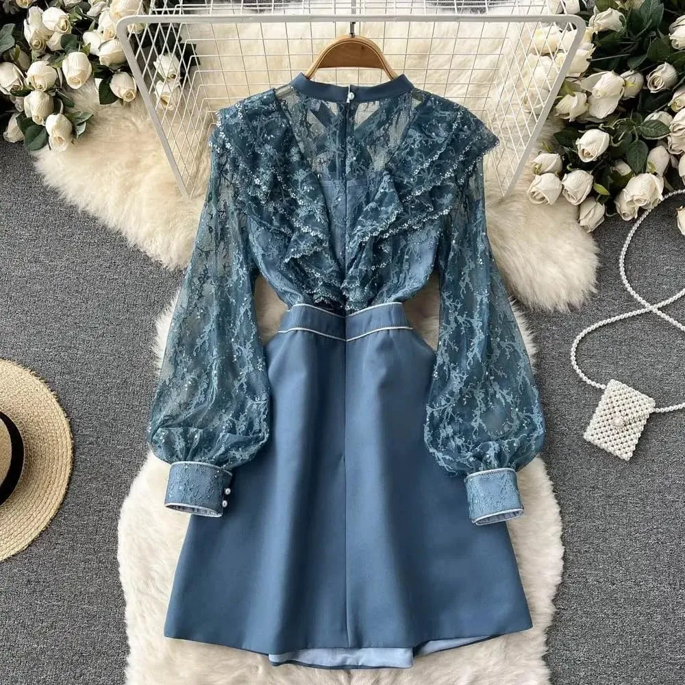 Autumn Bow Collar Embroidery Lace Spliced Dresses Women Vintage Long Sleeve Ruffles Mini Dresses