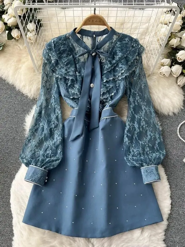 Autumn Bow Collar Embroidery Lace Spliced Dresses Women Vintage Long Sleeve Ruffles Mini Dresses