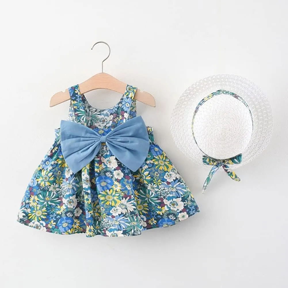 Baby Girl Tutu Summer Dress Sleeveless Casual Floral Backless Princess Dresses Swing Sundress Skirt with Straw Hat Beachwear