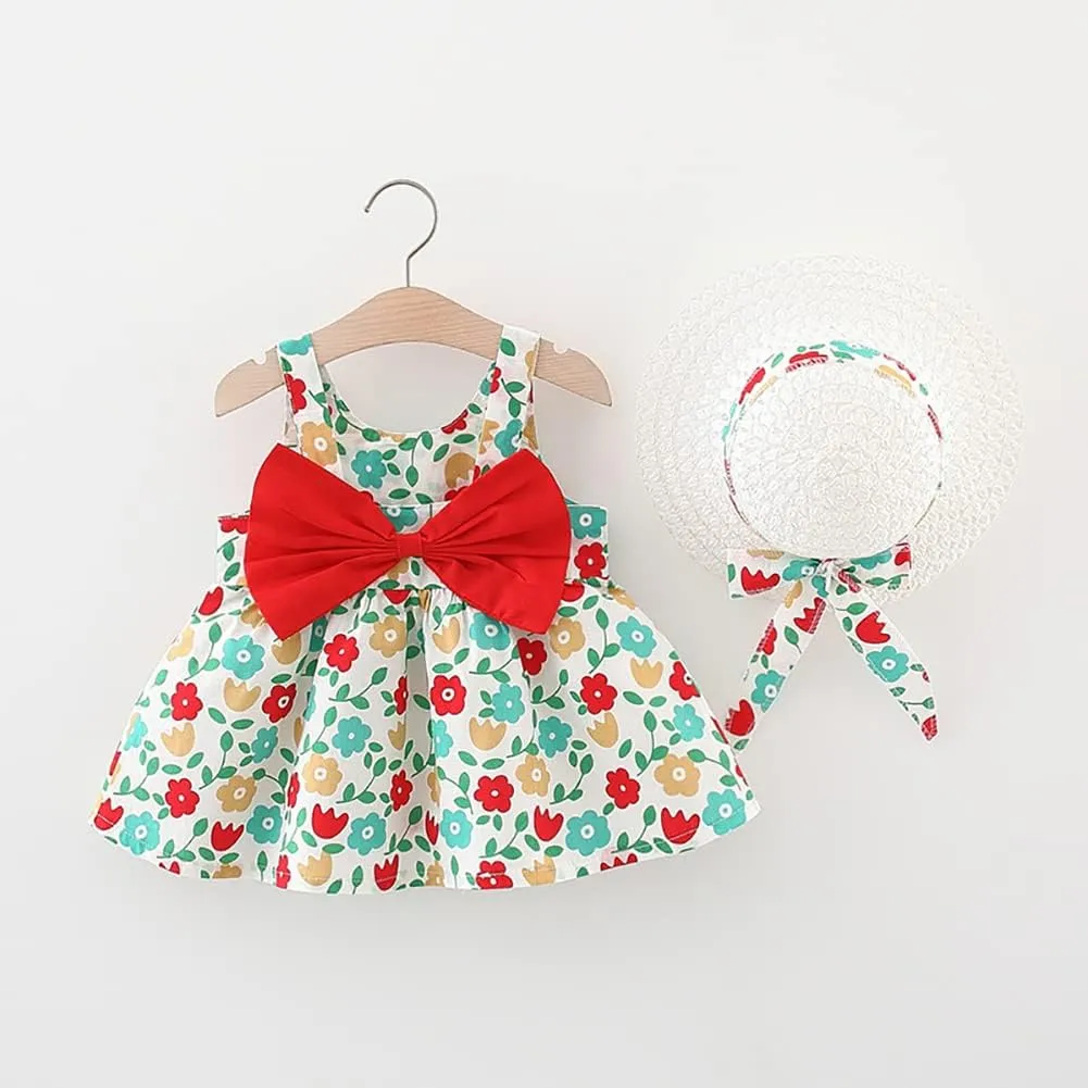 Baby Girl Tutu Summer Dress Sleeveless Casual Floral Backless Princess Dresses Swing Sundress Skirt with Straw Hat Beachwear