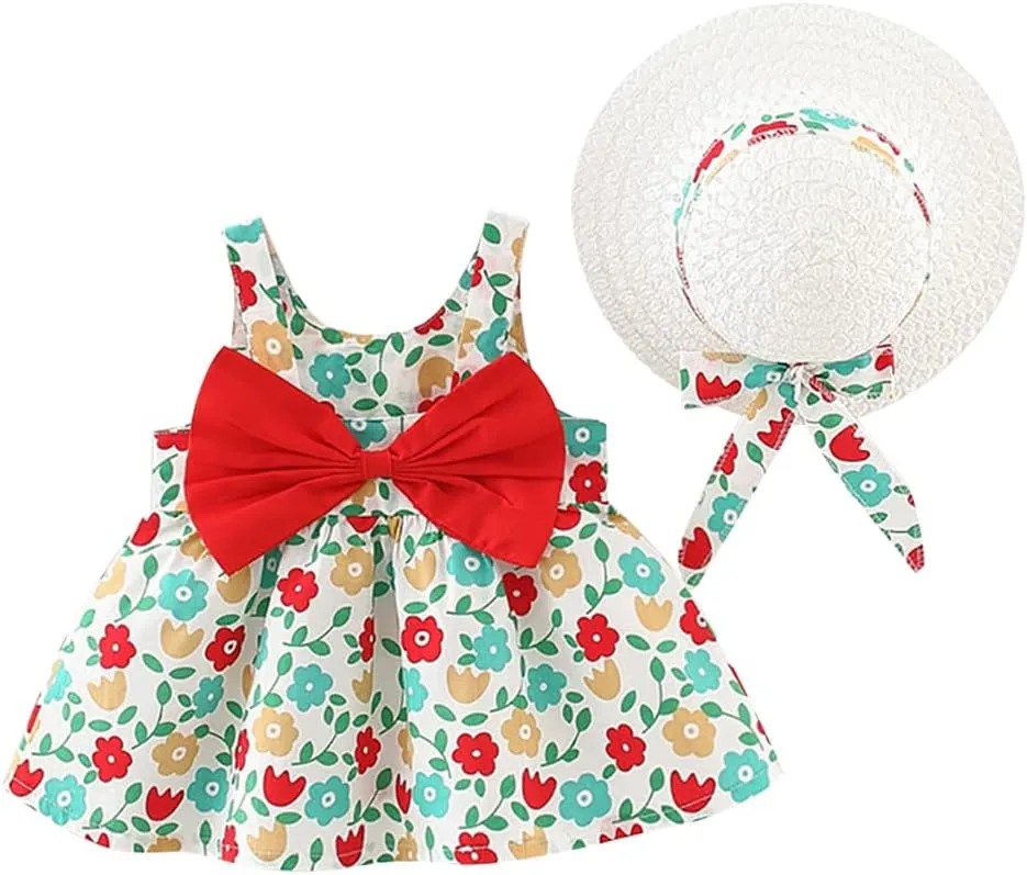 Baby Girl Tutu Summer Dress Sleeveless Casual Floral Backless Princess Dresses Swing Sundress Skirt with Straw Hat Beachwear