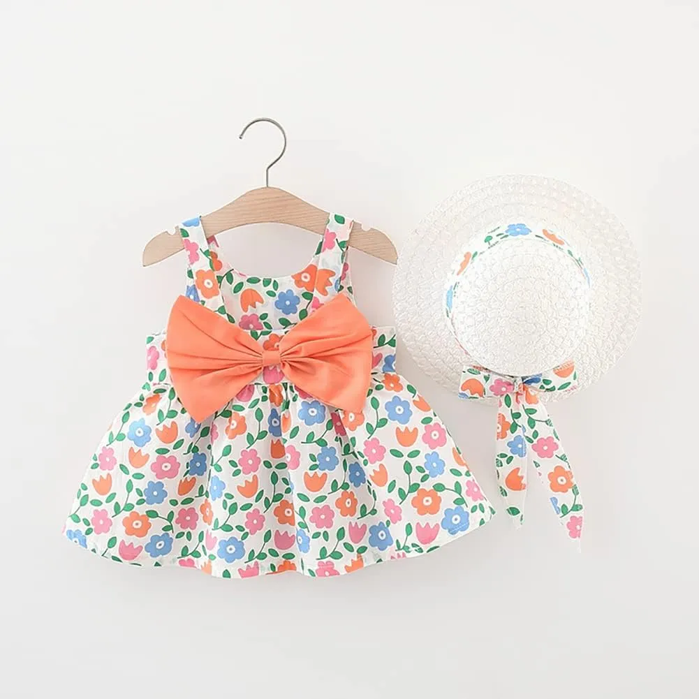 Baby Girl Tutu Summer Dress Sleeveless Casual Floral Backless Princess Dresses Swing Sundress Skirt with Straw Hat Beachwear