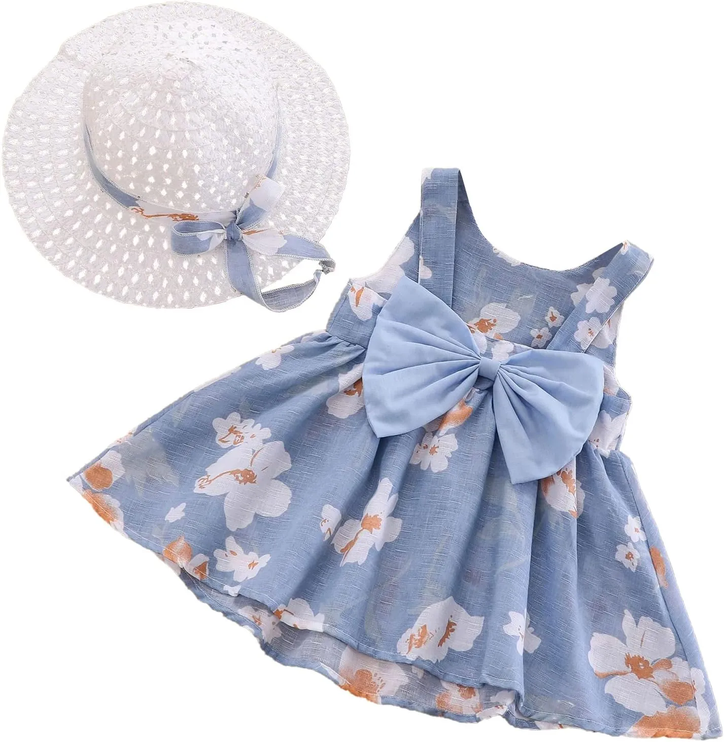 Baby Girl Tutu Summer Dress Sleeveless Casual Floral Backless Princess Dresses Swing Sundress Skirt with Straw Hat Beachwear