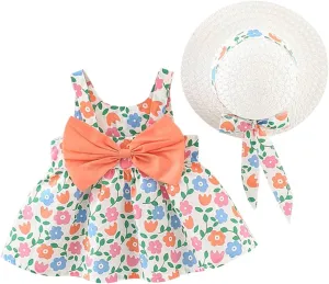 Baby Girl Tutu Summer Dress Sleeveless Casual Floral Backless Princess Dresses Swing Sundress Skirt with Straw Hat Beachwear