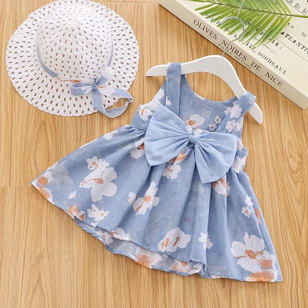 Baby Girl Tutu Summer Dress Sleeveless Casual Floral Backless Princess Dresses Swing Sundress Skirt with Straw Hat Beachwear