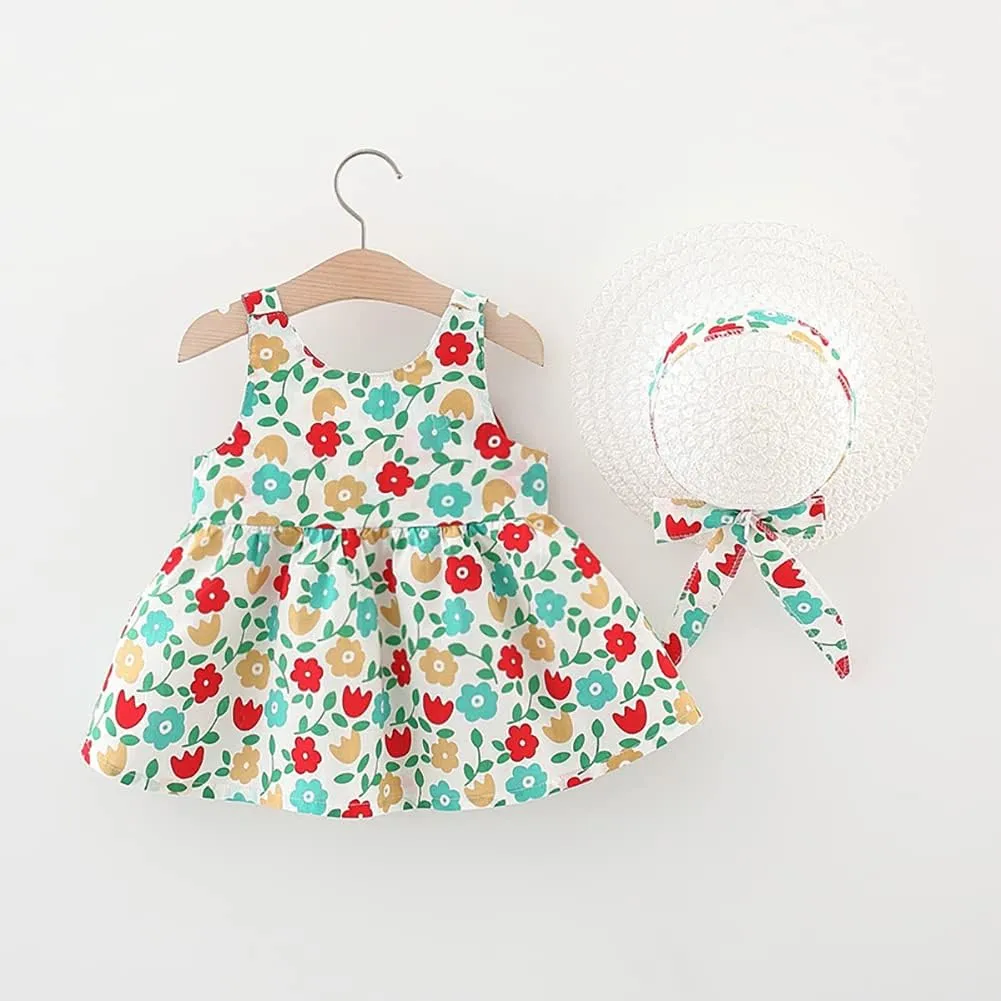 Baby Girl Tutu Summer Dress Sleeveless Casual Floral Backless Princess Dresses Swing Sundress Skirt with Straw Hat Beachwear