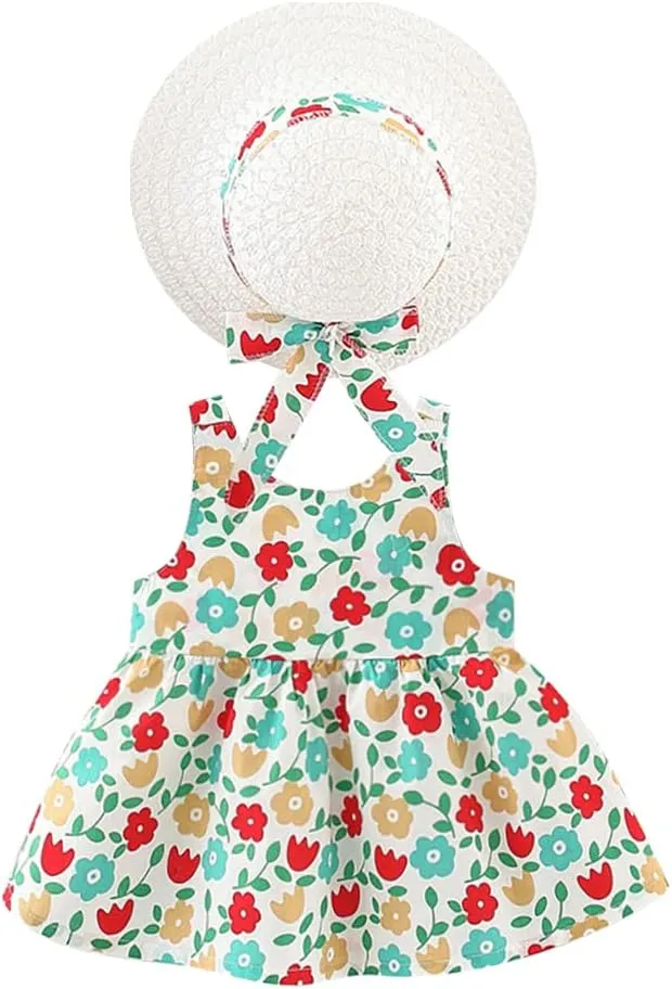 Baby Girl Tutu Summer Dress Sleeveless Casual Floral Backless Princess Dresses Swing Sundress Skirt with Straw Hat Beachwear