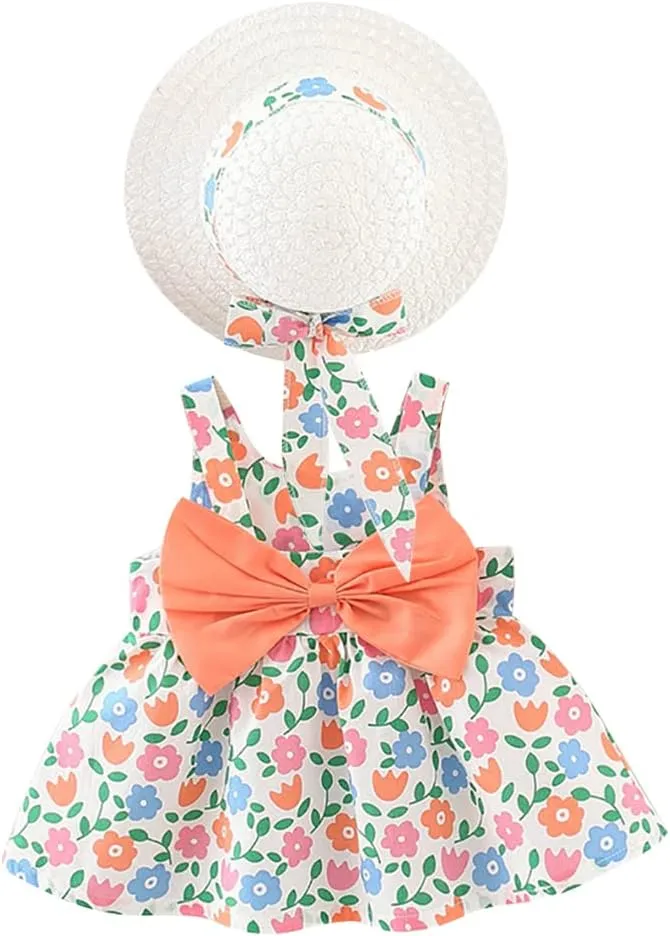 Baby Girl Tutu Summer Dress Sleeveless Casual Floral Backless Princess Dresses Swing Sundress Skirt with Straw Hat Beachwear