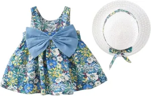 Baby Girl Tutu Summer Dress Sleeveless Casual Floral Backless Princess Dresses Swing Sundress Skirt with Straw Hat Beachwear