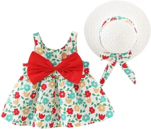 Baby Girl Tutu Summer Dress Sleeveless Casual Floral Backless Princess Dresses Swing Sundress Skirt with Straw Hat Beachwear