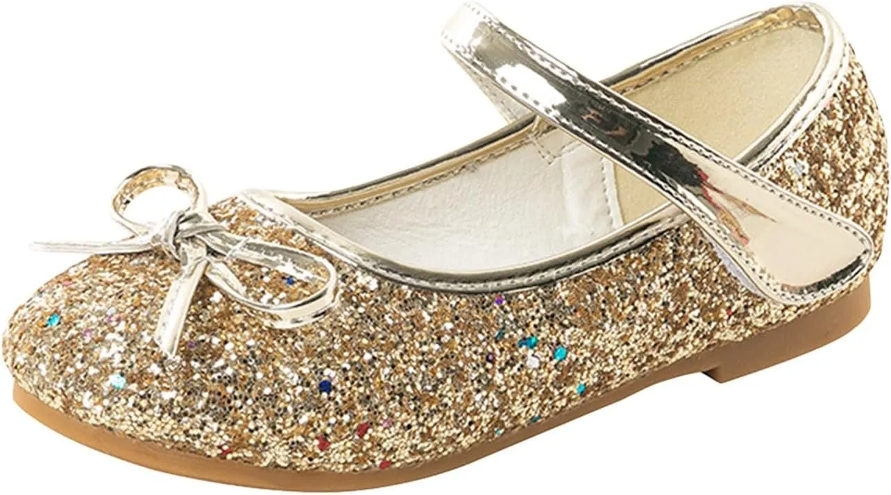 Baby Girls Glitter Bow Dress Dance Shoes Sandals ow Heels Rubber Soft Sole Non Slip Princess Shoes Pearl Sequins Loafers